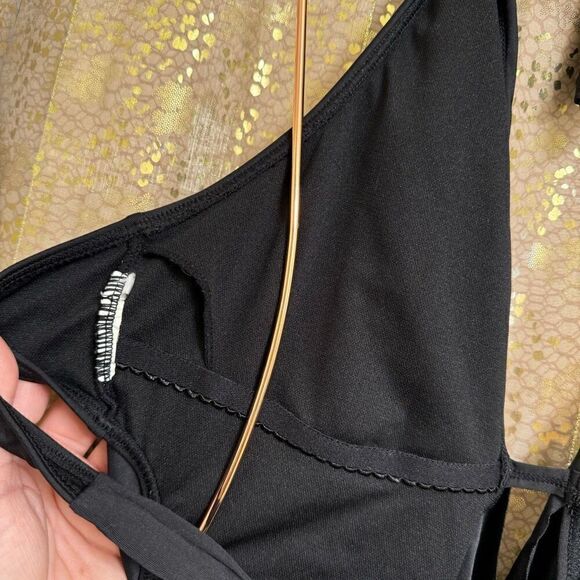 Bar III Black Solid Monokini One Piece Swimsuit Gold Accents Large - Picture 6 of 7